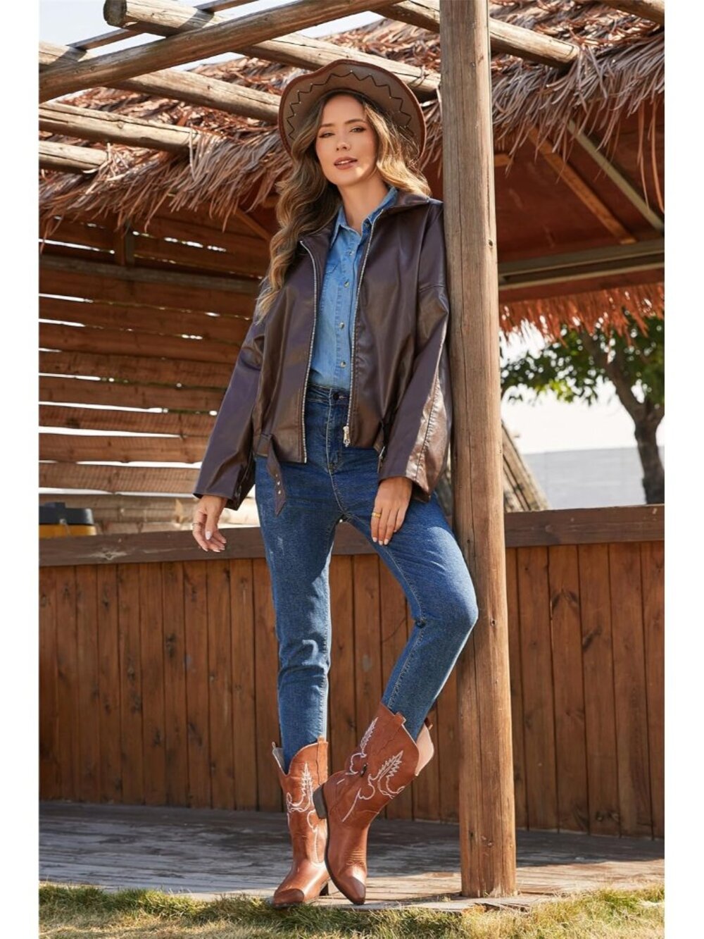 Women's Brown Faux Fur Embroidery Chunky Heel Pointed Toe Mid Calf Cowgirl Boots - Picture 3 of 7